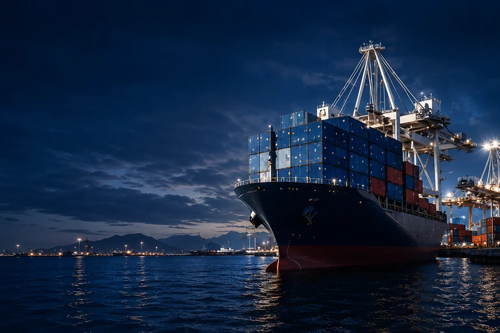 El Neeline international shipping port at night