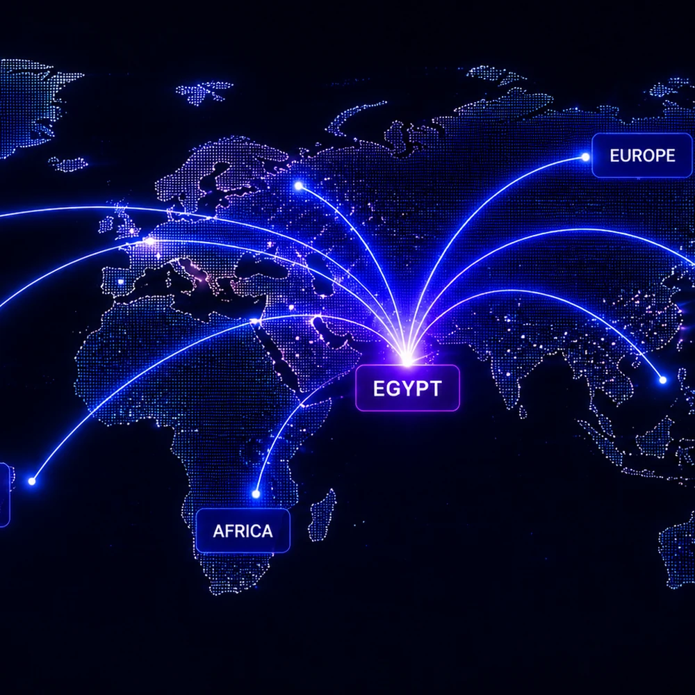 XNEXUS global operations network — Egypt as the central hub connecting to Europe, Asia, Africa, and the Americas