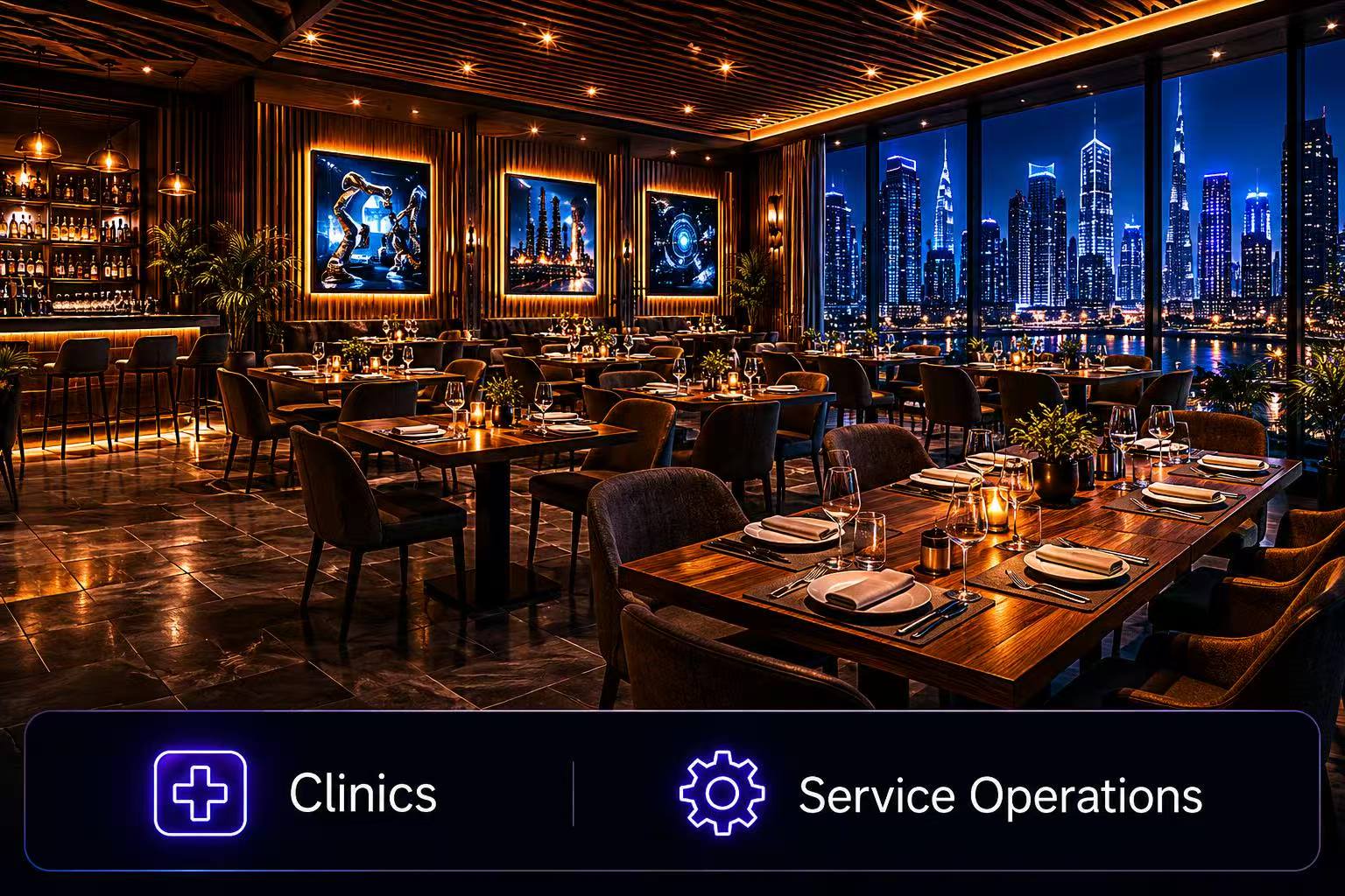 Premium restaurant interior overlooking a smart city — serving global hospitality, clinics, and service sectors