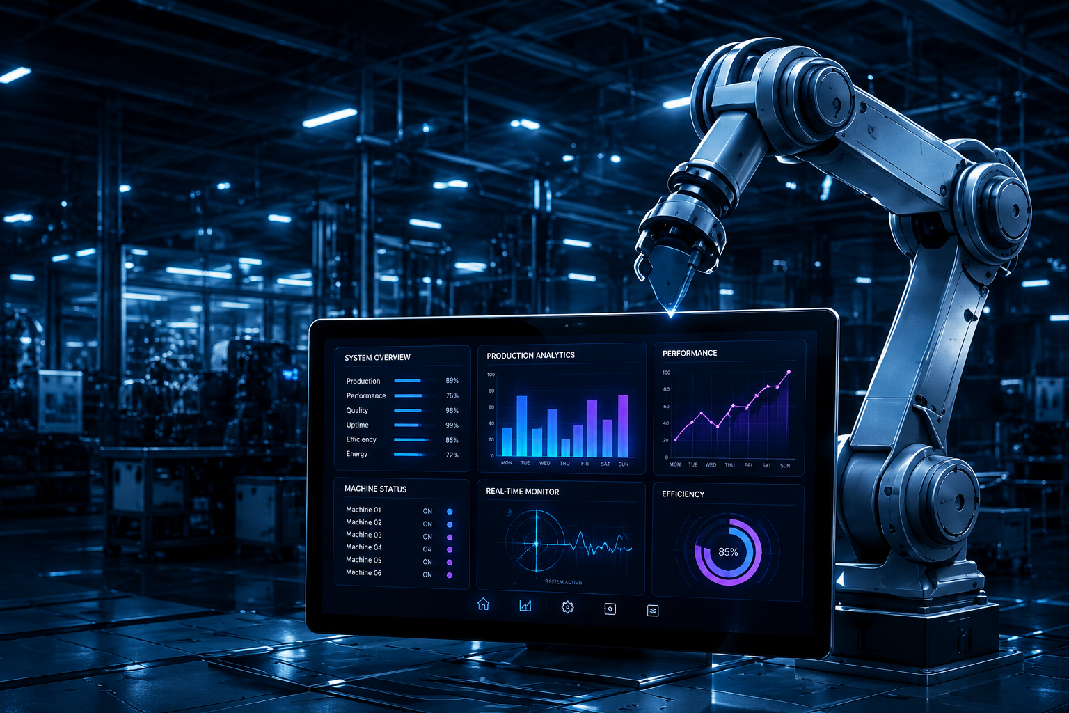 AI-driven robotic arm with live production analytics dashboard